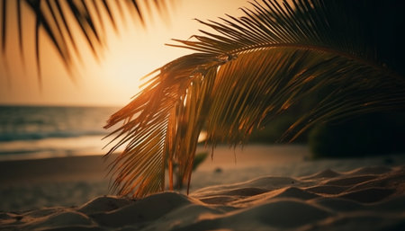 Tranquil sunset over tropical coastline, palm trees and waters edge generated by artificial intelligenceの素材