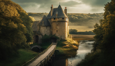 Medieval monument reflects ancient Christianity in idyllic rural landscape generated by artificial intelligenceの素材