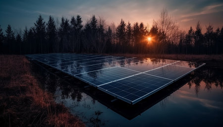 Sunset reflection on solar panel farm generates sustainable energy for industry generated by artificial intelligenceの素材