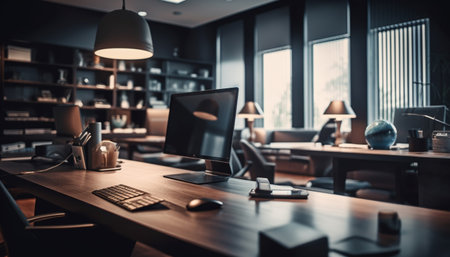 Modern office design with computer equipment on desk and chair generated by artificial intelligenceの素材