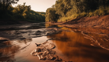 Tranquil sunrise over idyllic pond in rural autumn landscape generated by artificial intelligenceの素材