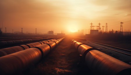 Sunset over steel construction industry, equipment outdoors, technology, nature, metal generated by artificial intelligenceの素材