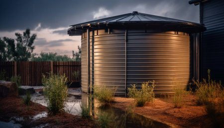 Modern architecture reflects on nature landscape, steel and glass design generated by artificial intelligenceの素材