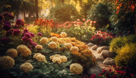 Tranquil sunset over vibrant bush, blossoming with multi colored flowers generated by artificial intelligenceの素材