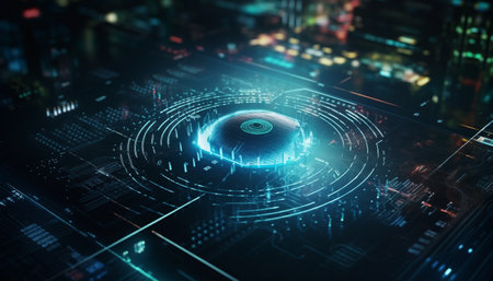 Futuristic computer chip glows on dark motherboard, complex technology order generated by artificial intelligenceの素材