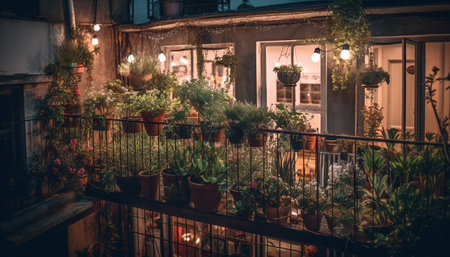 A rustic cottage illuminated by multi colored Christmas lights and lanterns generated by artificial intelligenceの素材