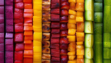 A vibrant collection of sweet, colorful candy in a row generated by artificial intelligenceの素材