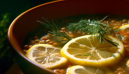 Fresh lemon slice on a green vegetable salad with parsley generated by artificial intelligenceの素材