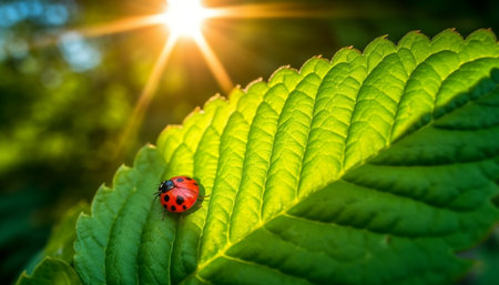 Vibrant ladybug spotted on green leaf in summer meadow generated by artificial intelligenceの素材