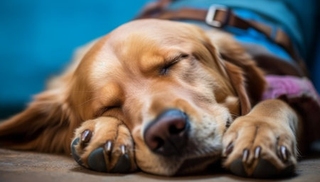 Cute purebred puppy sleeping outdoors, nose resting on blue flooring generated by artificial intelligenceの素材