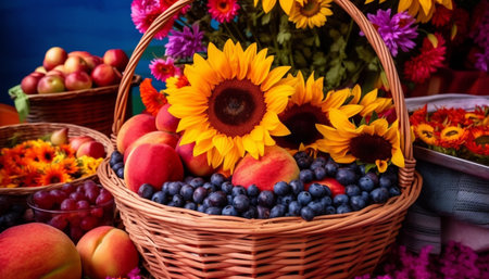 Fresh fruit basket with organic berries and sunflowers for decoration generated by artificial intelligenceの素材