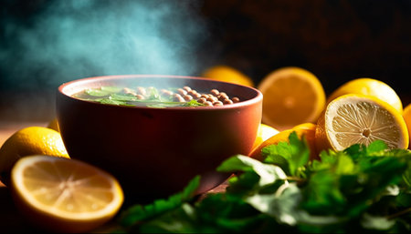 Fresh lemon and lime slices on a wooden table with herbs generated by artificial intelligenceの素材