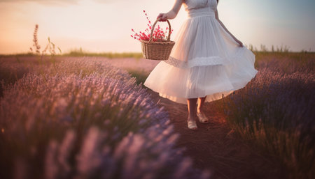 Smiling women holding purple flower basket, enjoying nature beauty generated by artificial intelligenceの素材