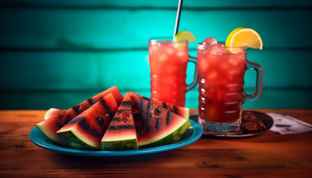 Fresh watermelon slice on rustic wood table, perfect summer refreshment generated by artificial intelligenceの素材