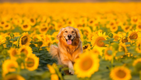 Golden retriever puppy playing in sunflower meadow, pure canine beauty generated by artificial intelligenceの素材