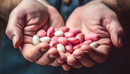 Healthy hand holding organic bean, focus on freshness and growth generated by artificial intelligenceの素材