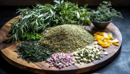 Fresh organic vegetable salad with garlic, coriander, and dill seasoning generated by artificial intelligenceの素材