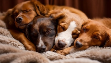 Three purebred puppies sleeping, cute and fluffy in a row generated by artificial intelligenceの素材