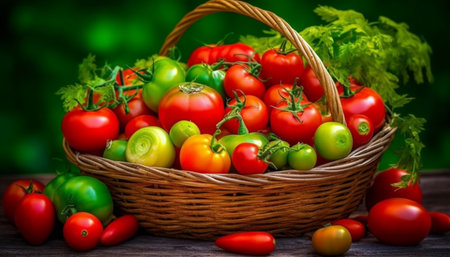 Fresh organic salad with ripe cherry tomatoes and vibrant herbs generated by artificial intelligenceの素材