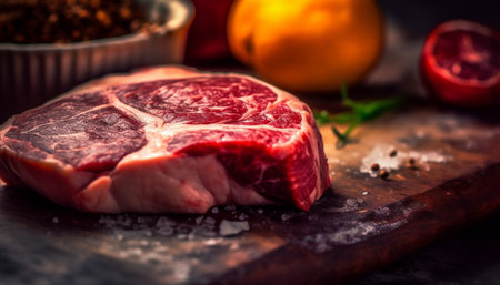 Rustic grilled meat on wooden table, focus on foreground fillet generated by artificial intelligenceの素材