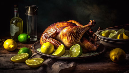 Grilled turkey meat with citrus freshness on rustic wooden table generated by artificial intelligenceの素材