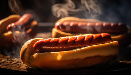 Grilled meat and hot dogs on a barbecue, summer refreshment generated by artificial intelligenceの素材