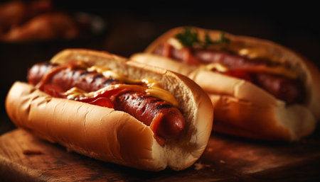 Grilled beef hot dog on rustic wooden table with ketchup generated by artificial intelligenceの素材