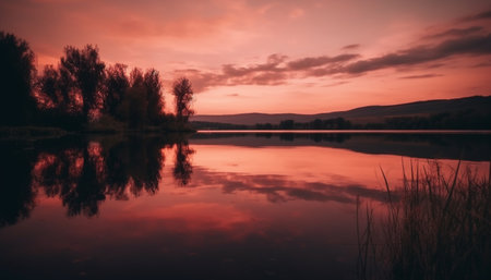 Tranquil scene of nature beauty in sunset reflection over water generated by artificial intelligenceの素材
