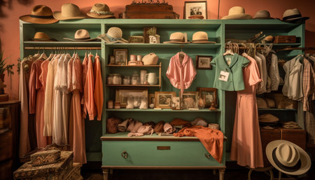 Fashionable clothing collection on store shelf, leather shoes and shirt generated by artificial intelligenceの素材