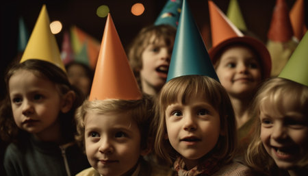 Cute boys and girls in party hats smiling for birthday celebration generated by artificial intelligenceの素材