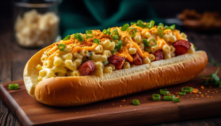 Grilled beef and pork, hot dog, and bratwurst on wood generated by artificial intelligenceの素材