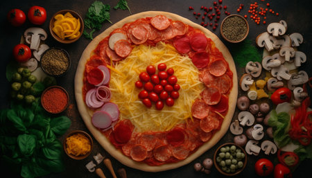 Gourmet Italian pizza with fresh mozzarella, salami, and pepperoni slices generated by artificial intelligenceの素材