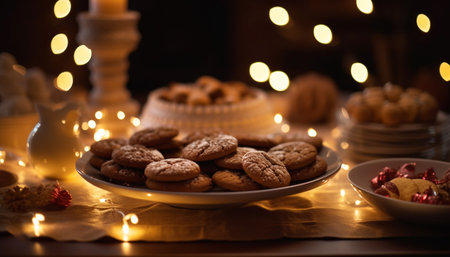 A stack of homemade chocolate chip cookies on a rustic plate generated by artificial intelligenceの素材