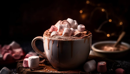 Indulgent hot chocolate with marshmallow and cacao fruit decoration generated by artificial intelligenceの素材