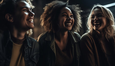 A group of young adults enjoying a carefree night outdoors generated by artificial intelligenceの素材