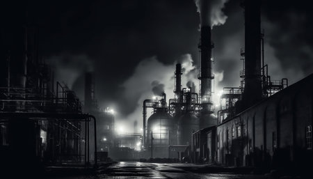 Nighttime refinery emits fumes from smokestacks, polluting the environment generated by artificial intelligenceの素材