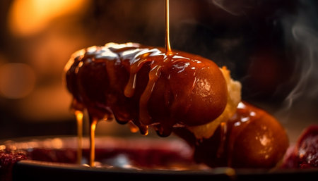 Sweet honey poured over fresh fruit, a gourmet summer snack generated by artificial intelligenceの素材