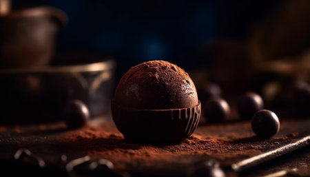 Dark chocolate truffle on wooden bowl, indulgent gourmet dessert generated by artificial intelligenceの素材