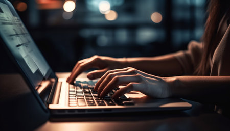 Busy businessman working late, using laptop and surfing the net generated by artificial intelligenceの素材