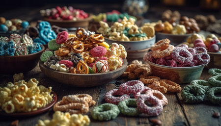 Abundance of gourmet sweets in multi colored bowl, tempting indulgence generated by artificial intelligenceの素材