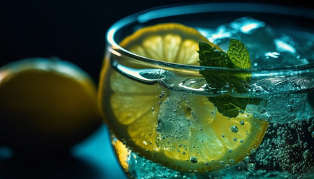 Refreshing summer cocktail with lemon, lime, and mint leaf garnish generated by artificial intelligenceの素材
