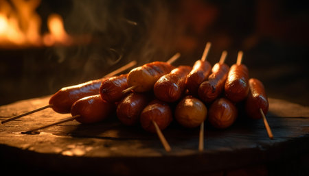 Grilled skewered meat on coal, flame and smoke for freshness generated by artificial intelligenceの素材