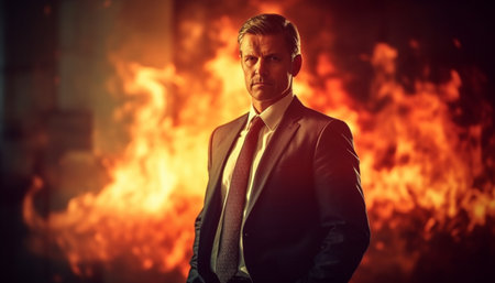 Confident businessman standing outdoors, success burning in his expertise generated by artificial intelligenceの素材