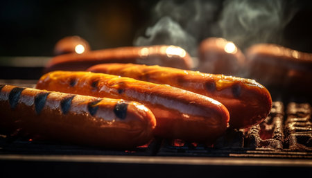 Grilled meat sizzles on the barbecue, flame and smoke rising generated by artificial intelligenceの素材