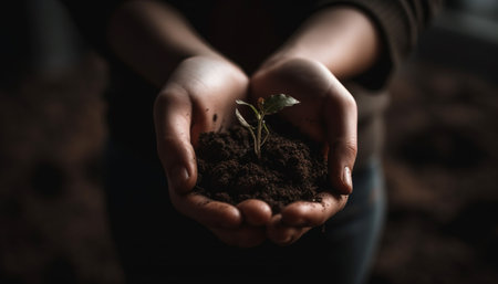 Hand holding seedling, symbolizing new life and environmental conservation generated by artificial intelligenceの素材