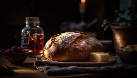 Rustic homemade meal on wooden table with fresh organic bread generated by artificial intelligenceの素材