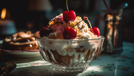 Indulgent homemade ice cream sundae with whipped cream and berries generated by artificial intelligenceの素材