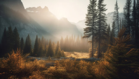 Tranquil scene of pine trees in autumn forest with fog generated by artificial intelligenceの素材