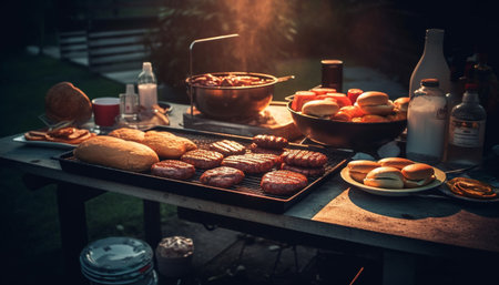 Grilled meat on wood table, cooked to perfection with spice generated by artificial intelligenceの素材