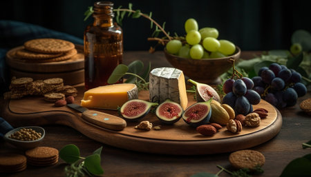 Rustic table with gourmet appetizers prosciutto, camembert, fig, and wine generated by artificial intelligenceの素材